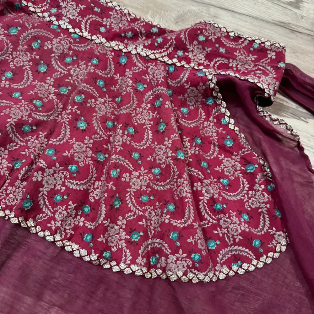 Vintage 70s Indian Gauze Apron Metallic Floral Egg Collecting Cottagecore Boho